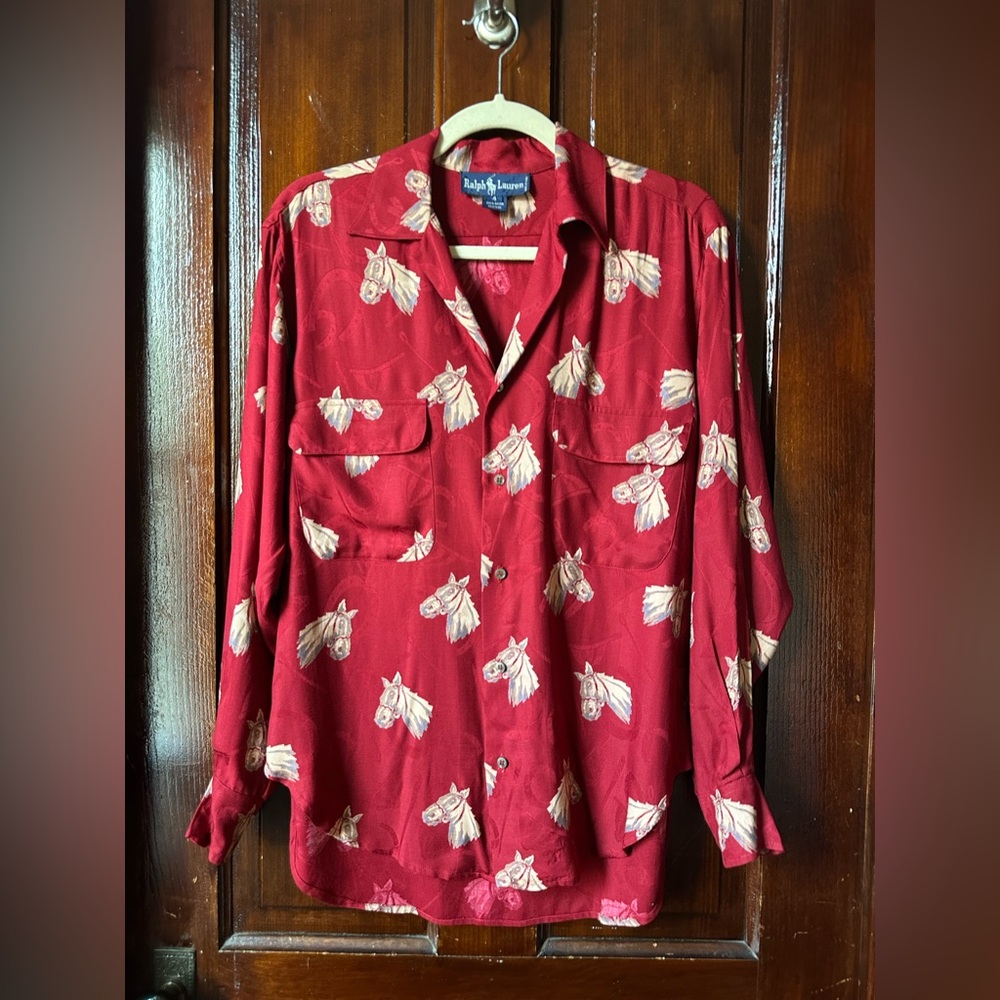 VTG Ralph Lauren Red AOP Horse Equestrian Long Sleeve Button UP Shirt Sz 4 READ
